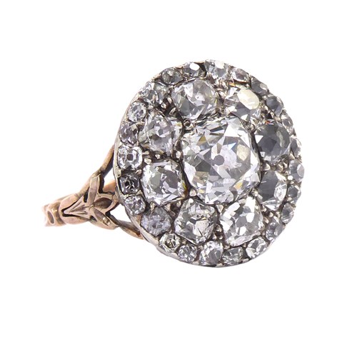 18th century old mine cushion cut diamond button-back ring, c.1780, larger diamond to centre in a two-row graduated border,